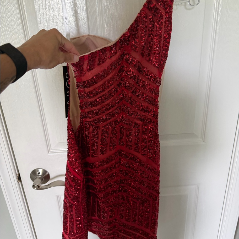 Jovani Red One-Shoulder Sequin knee-length cocktail dress/gown NWT - Picture 2 of 6